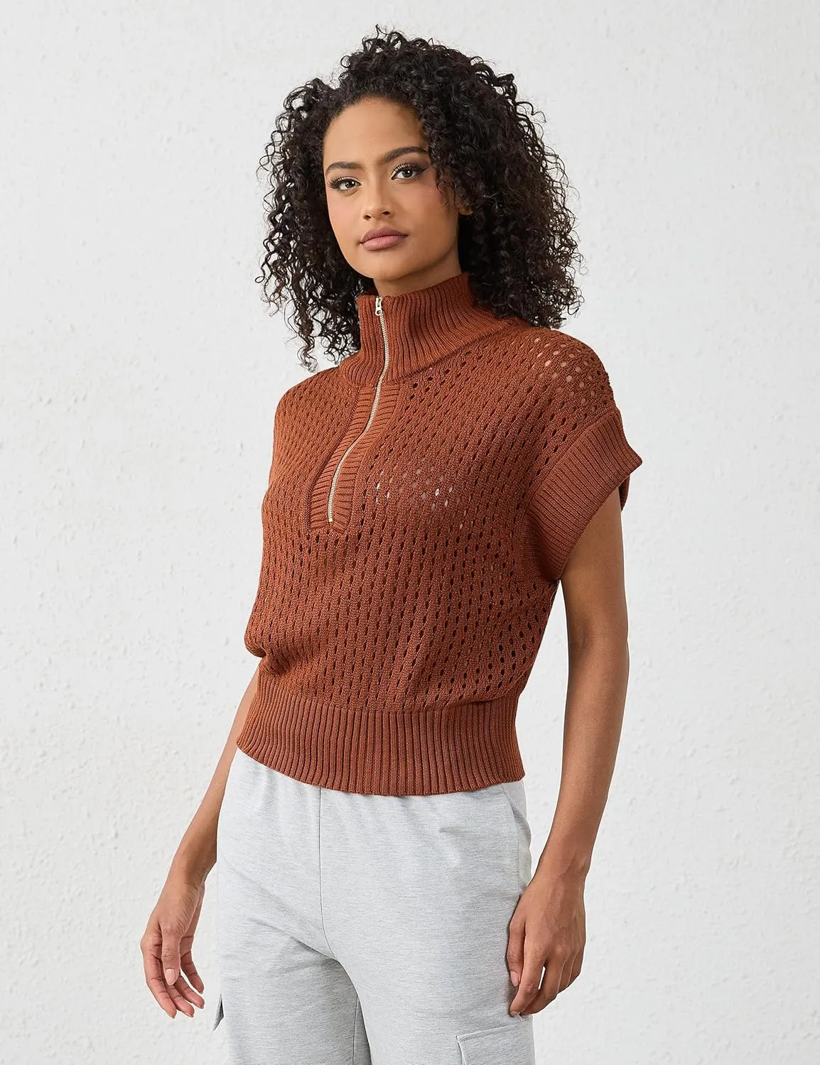 Womens Oversized Crochet Zip Sweater Vest Cap Sleeve Sweater Tops Casual Lapel Collar See Through Hollow Out Knit Top