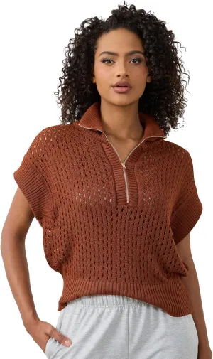 Womens Oversized Crochet Zip Sweater Vest Cap Sleeve Sweater Tops Casual Lapel Collar See Through Hollow Out Knit Top