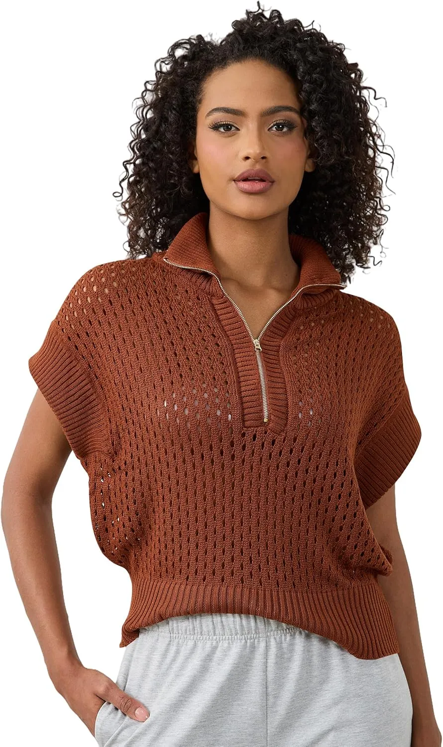 Womens Oversized Crochet Zip Sweater Vest Cap Sleeve Sweater Tops Casual Lapel Collar See Through Hollow Out Knit Top