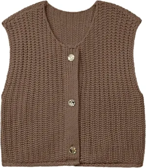 Women's Oversized Cute Cap Sleeve Sweater Vest Fall 2024 Lightweight Crochet Waffle Chunky Knit Button Cardigan Top
