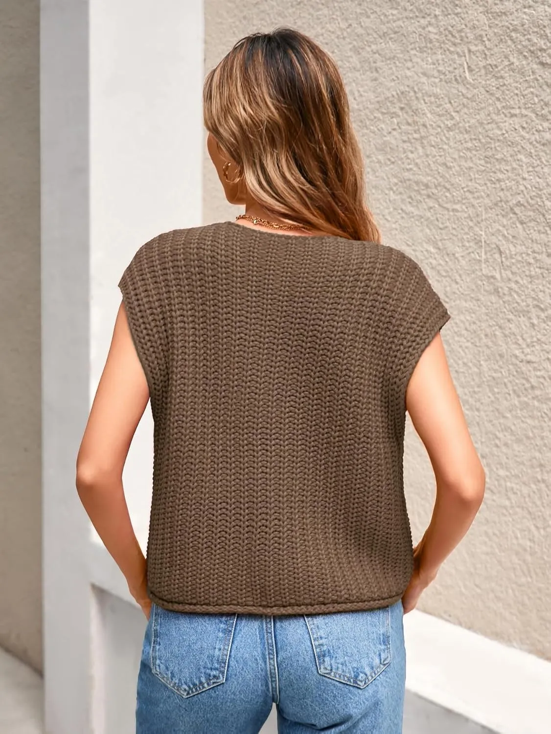 Women's Oversized Cute Cap Sleeve Sweater Vest Fall 2024 Lightweight Crochet Waffle Chunky Knit Button Cardigan Top