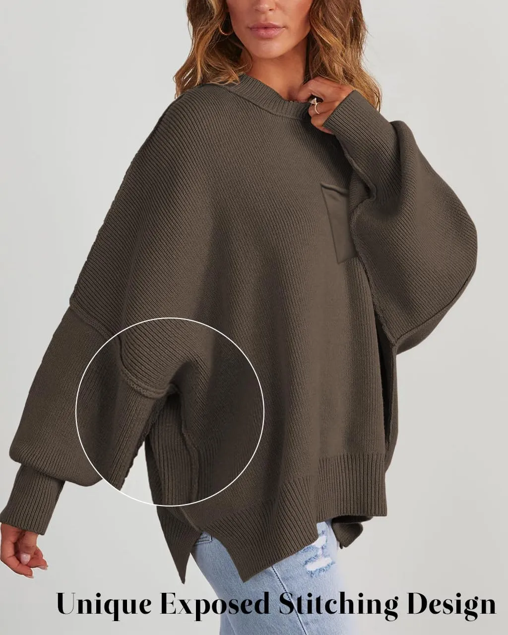 Women's Oversized Sweaters 2025 Crewneck Long Sleeve Ribbed Knit Batwing Pullover Tops
