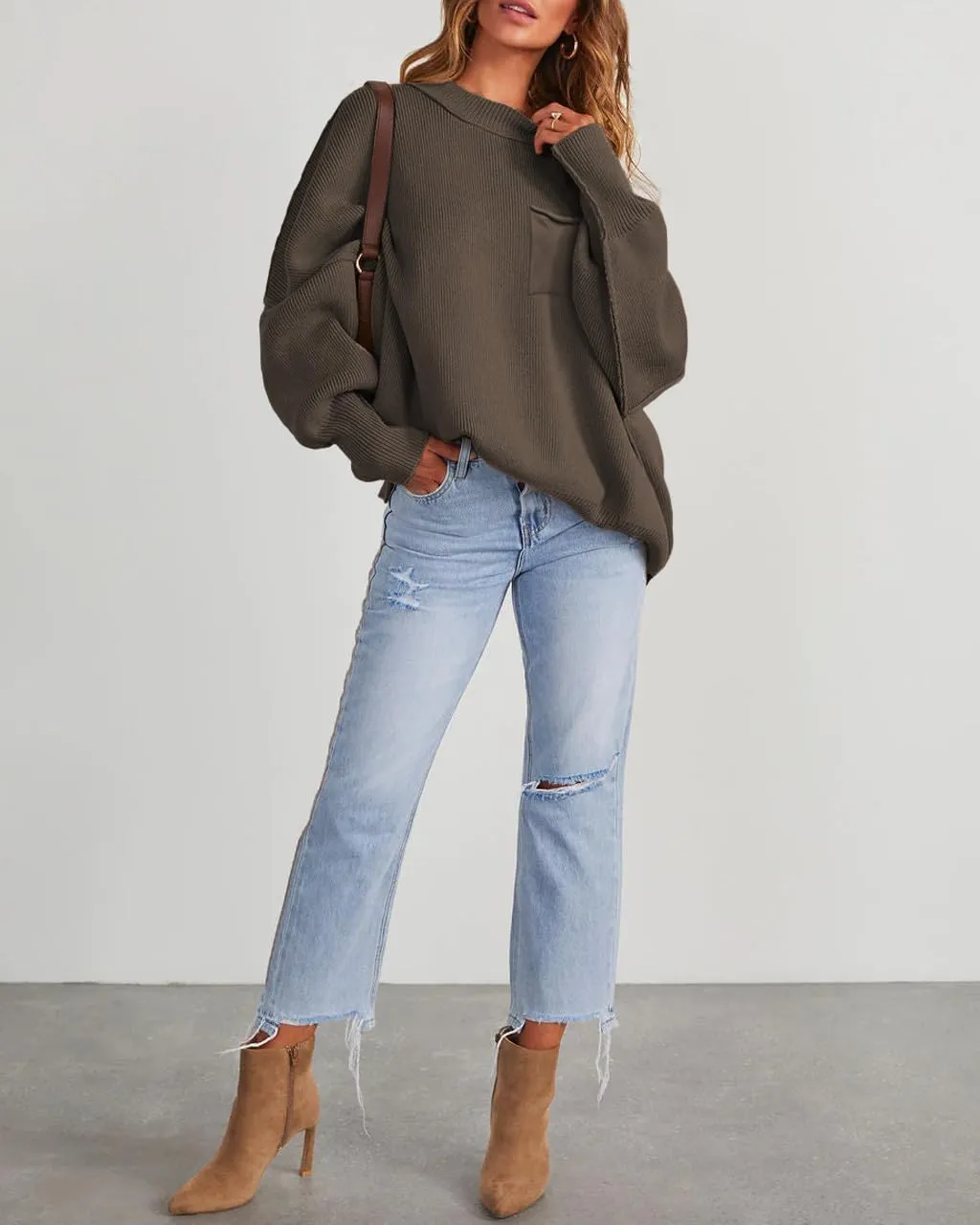 Women's Oversized Sweaters 2025 Crewneck Long Sleeve Ribbed Knit Batwing Pullover Tops