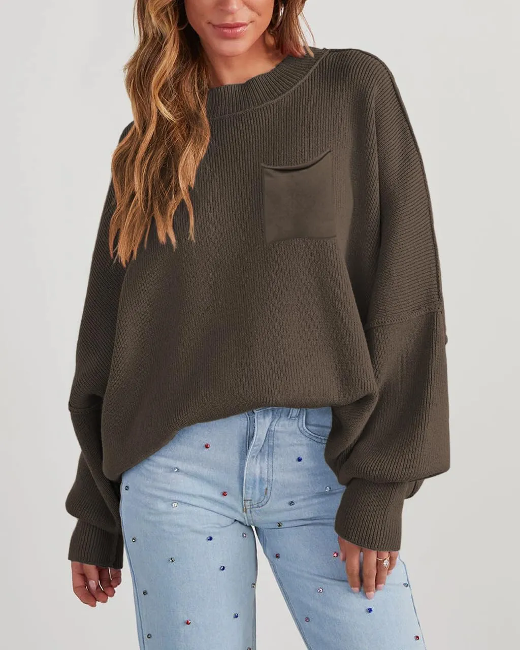 Women's Oversized Sweaters 2025 Crewneck Long Sleeve Ribbed Knit Batwing Pullover Tops