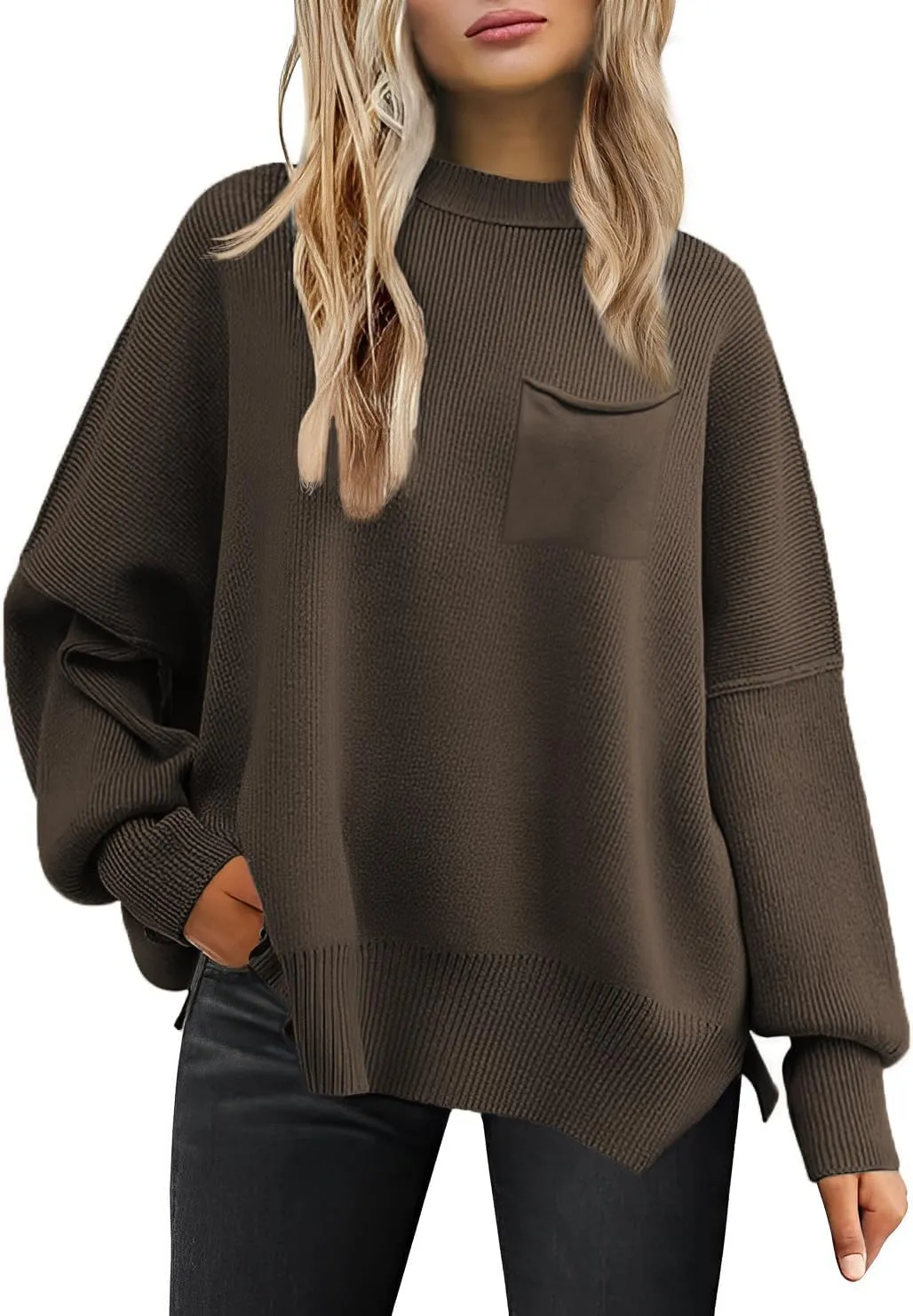 Women's Oversized Sweaters 2025 Crewneck Long Sleeve Ribbed Knit Batwing Pullover Tops