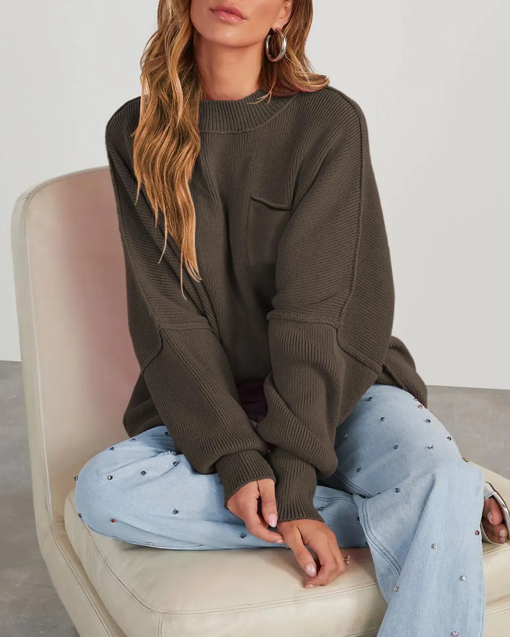 Women's Oversized Sweaters 2025 Crewneck Long Sleeve Ribbed Knit Batwing Pullover Tops