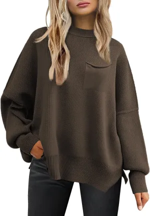 Women's Oversized Sweaters 2025 Crewneck Long Sleeve Ribbed Knit Batwing Pullover Tops