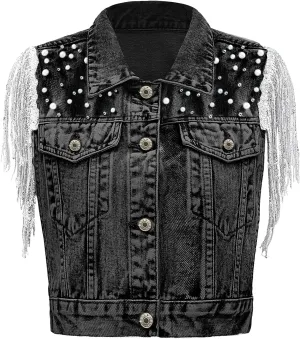 Women's Pearls Beading Denim Vest Sleeveless Sequin Fringe Jean Vest Casual Vintage Crop Top