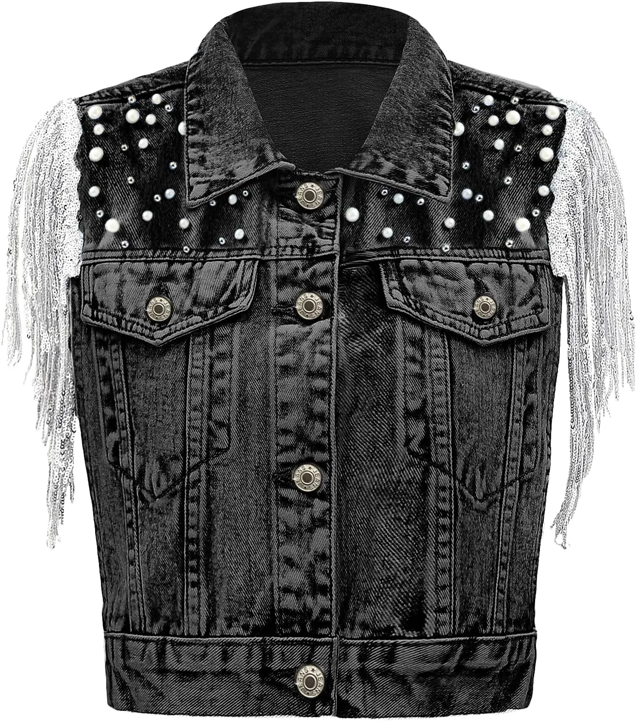 Women's Pearls Beading Denim Vest Sleeveless Sequin Fringe Jean Vest Casual Vintage Crop Top