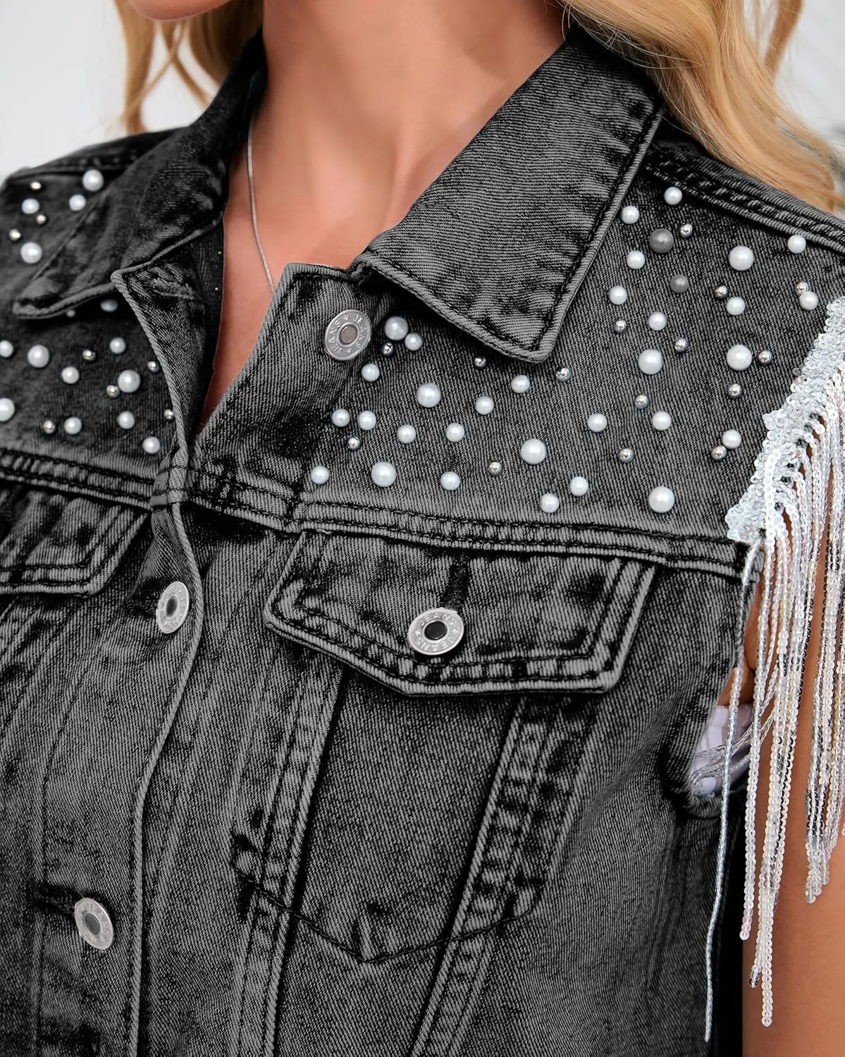 Women's Pearls Beading Denim Vest Sleeveless Sequin Fringe Jean Vest Casual Vintage Crop Top