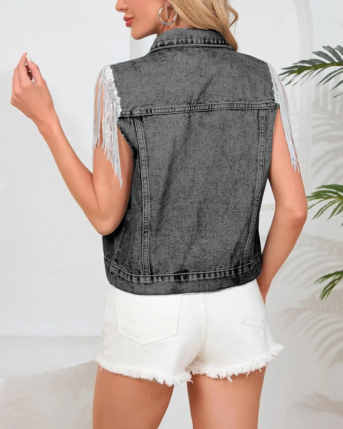Women's Pearls Beading Denim Vest Sleeveless Sequin Fringe Jean Vest Casual Vintage Crop Top