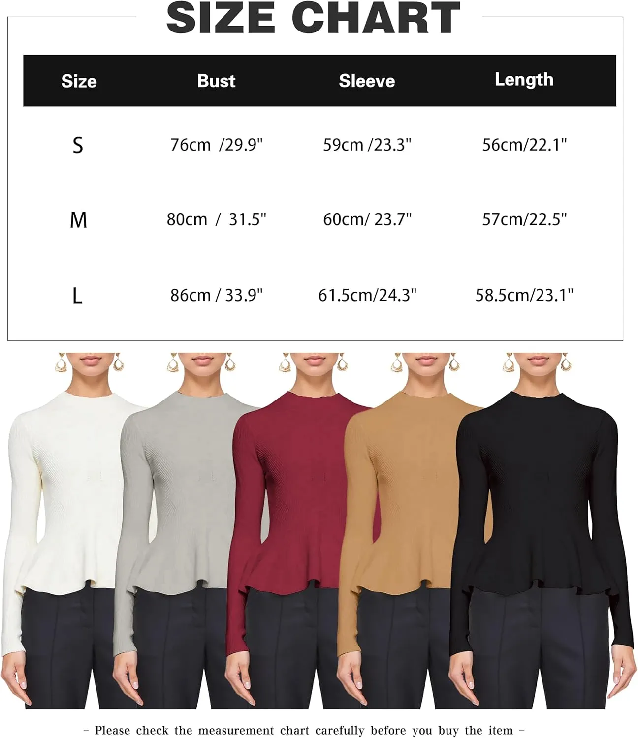 Womens Peplum Hem Crew Neck Sweater Basic Slim Fit Long Sleeve Ribbed Tunic Tops