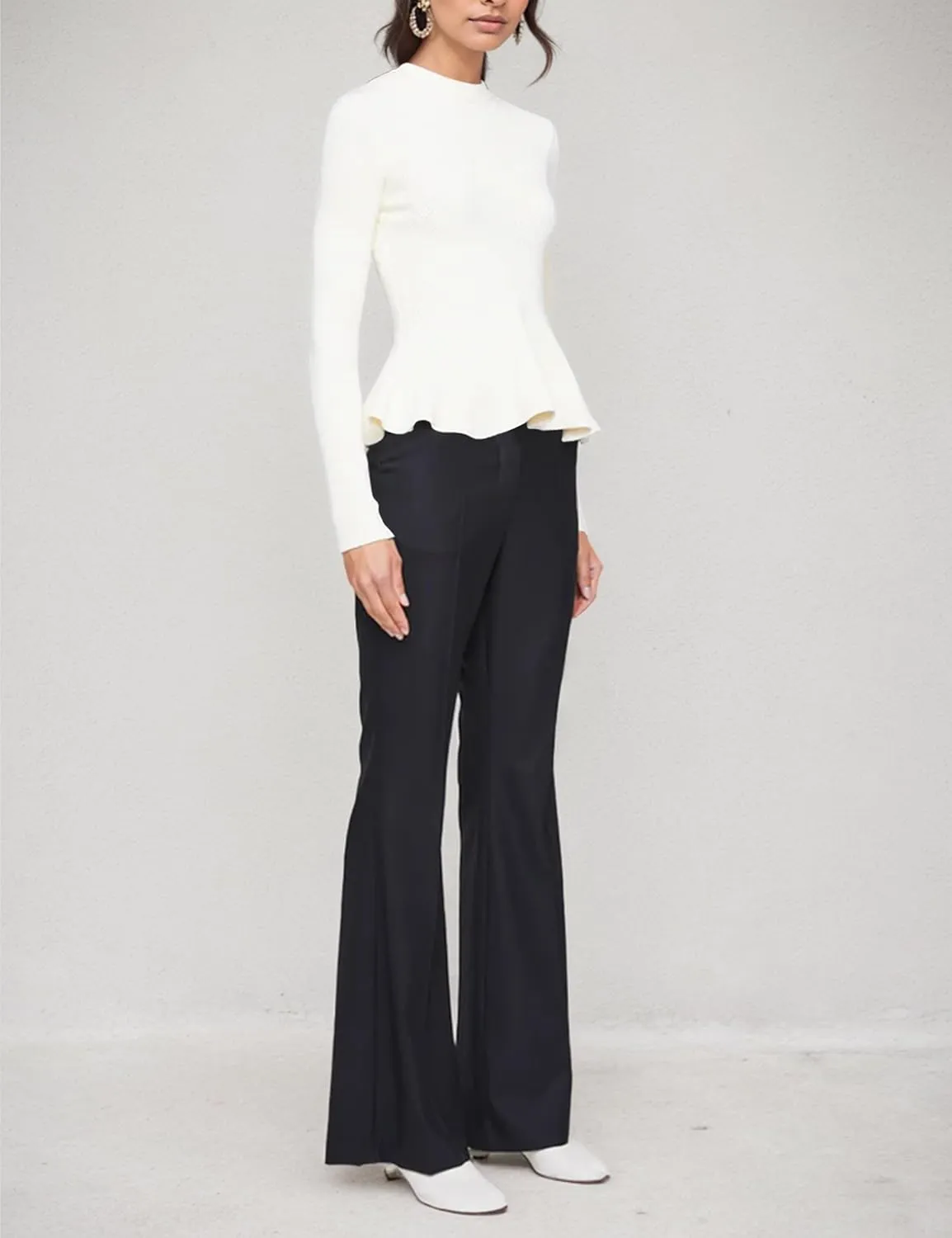 Womens Peplum Hem Crew Neck Sweater Basic Slim Fit Long Sleeve Ribbed Tunic Tops