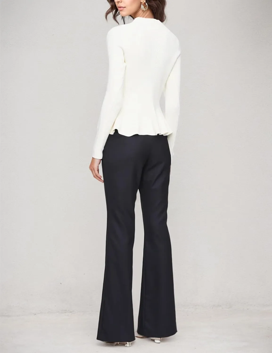 Womens Peplum Hem Crew Neck Sweater Basic Slim Fit Long Sleeve Ribbed Tunic Tops