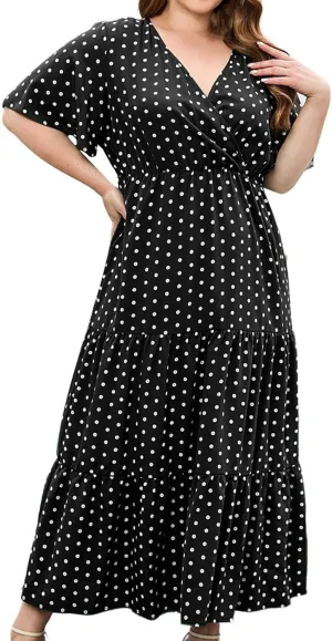 Women's Plus Size Ruffle Short Sleeve Swing Dress V Neck Summer Boho Beach Dresses Casual A-Line Midi Dress
