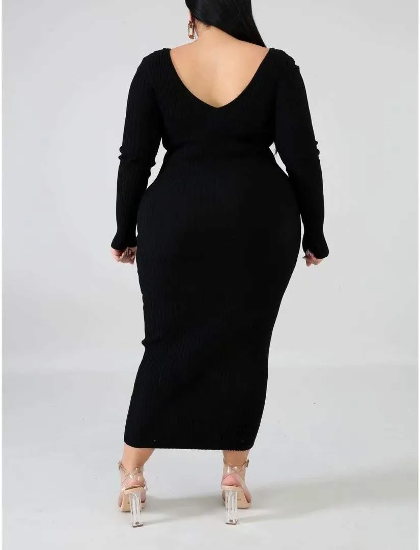Women's Plus Size Sexy Stretchable Long Sleeve Maxi Sweater Off Shoulder Knit Slim Fit Dress