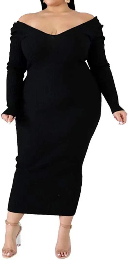 Women's Plus Size Sexy Stretchable Long Sleeve Maxi Sweater Off Shoulder Knit Slim Fit Dress