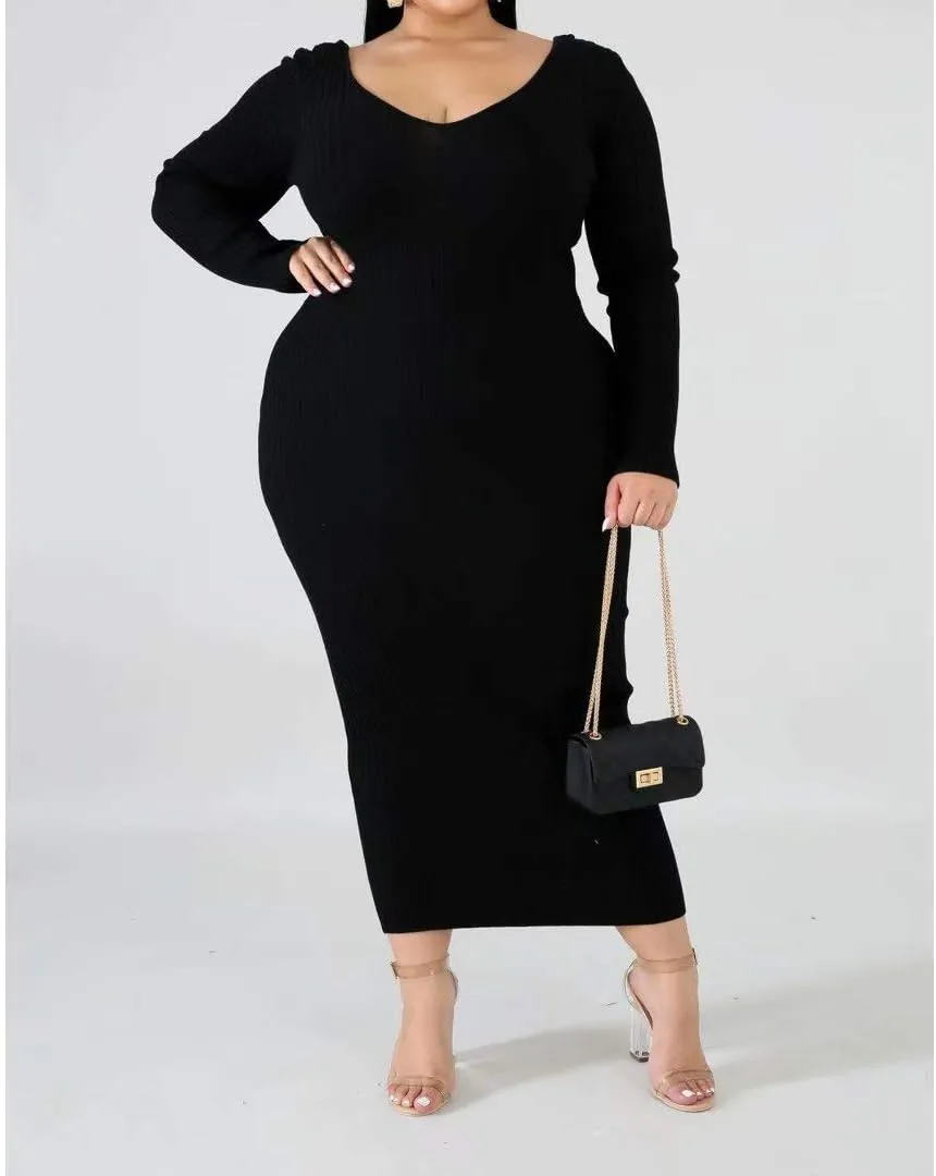 Women's Plus Size Sexy Stretchable Long Sleeve Maxi Sweater Off Shoulder Knit Slim Fit Dress