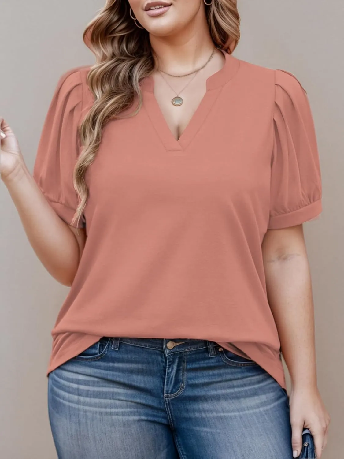 Womens Plus Size Tops Summer Puff Sleeve Shirts Casual Pleated Notched V Neck Tunics Tee XL-5XL