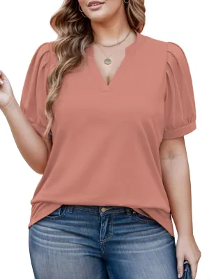 Womens Plus Size Tops Summer Puff Sleeve Shirts Casual Pleated Notched V Neck Tunics Tee XL-5XL