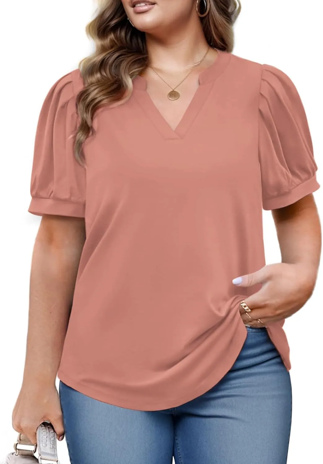 Womens Plus Size Tops Summer Puff Sleeve Shirts Casual Pleated Notched V Neck Tunics Tee XL-5XL