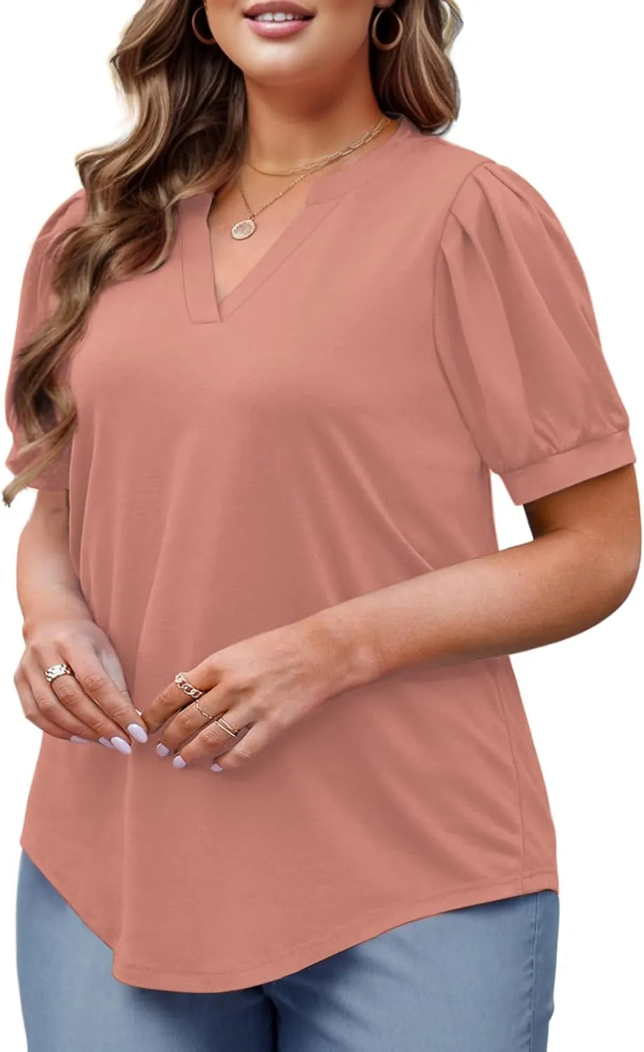 Womens Plus Size Tops Summer Puff Sleeve Shirts Casual Pleated Notched V Neck Tunics Tee XL-5XL