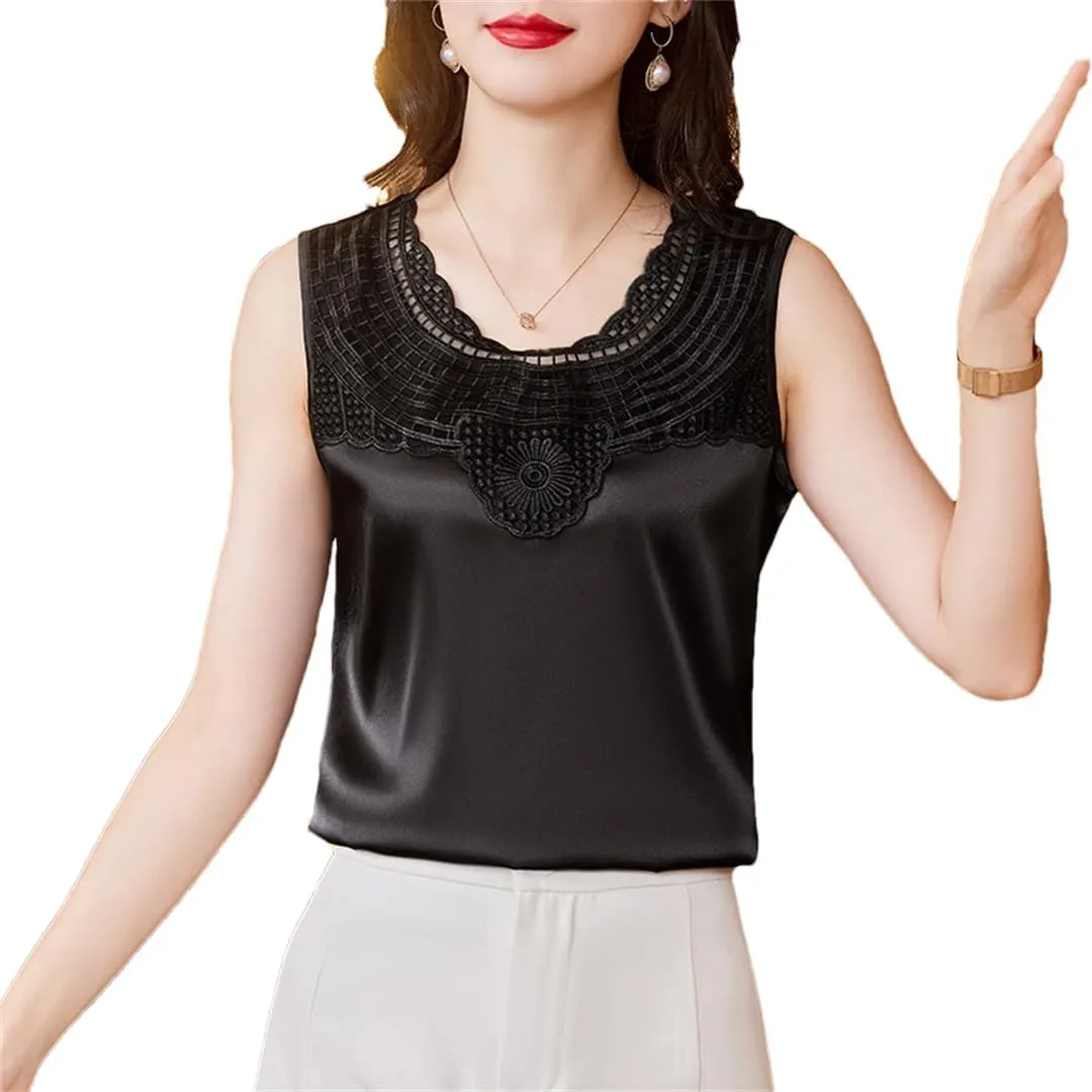 Women's Round Neck Camisole Shirt Summer Tank Tops Patchwork Sleeveless Silk Satin Lace Vest