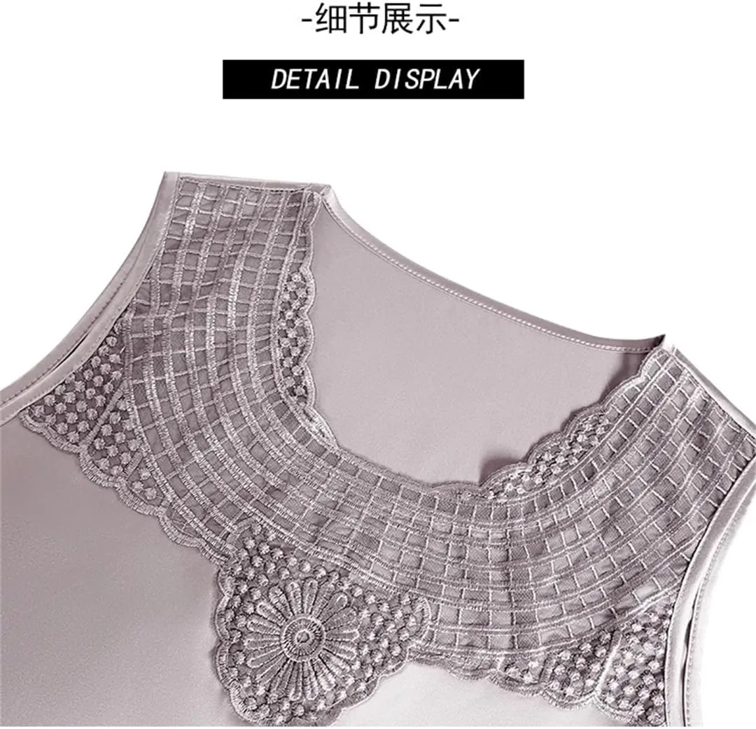 Women's Round Neck Camisole Shirt Summer Tank Tops Patchwork Sleeveless Silk Satin Lace Vest