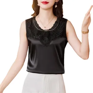 Women's Round Neck Camisole Shirt Summer Tank Tops Patchwork Sleeveless Silk Satin Lace Vest
