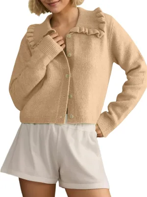 Womens Ruffle Collar Cardigan Sweater Button Up Open Front Fall Knit Jackets Cute Long Sleeve Button Down Cardigans