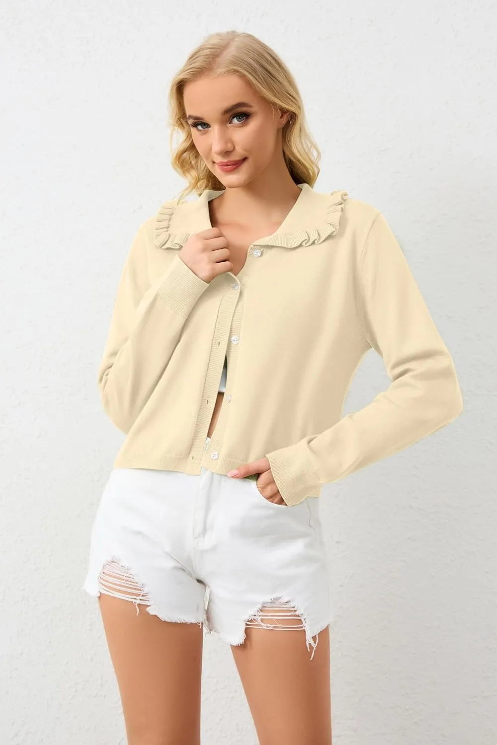 Womens Ruffle Collar Cardigan Sweater Button Up Open Front Fall Knit Jackets Cute Long Sleeve Button Down Cardigans