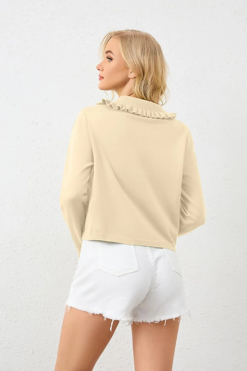 Womens Ruffle Collar Cardigan Sweater Button Up Open Front Fall Knit Jackets Cute Long Sleeve Button Down Cardigans