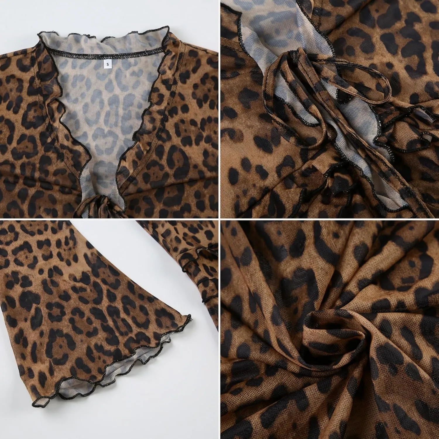Women's Sheer Mesh Leopard Print Crop Top T Shirt Sexy Lace Deep V Neck Blouse Long Flare Sleeve Slim Tee Shirt