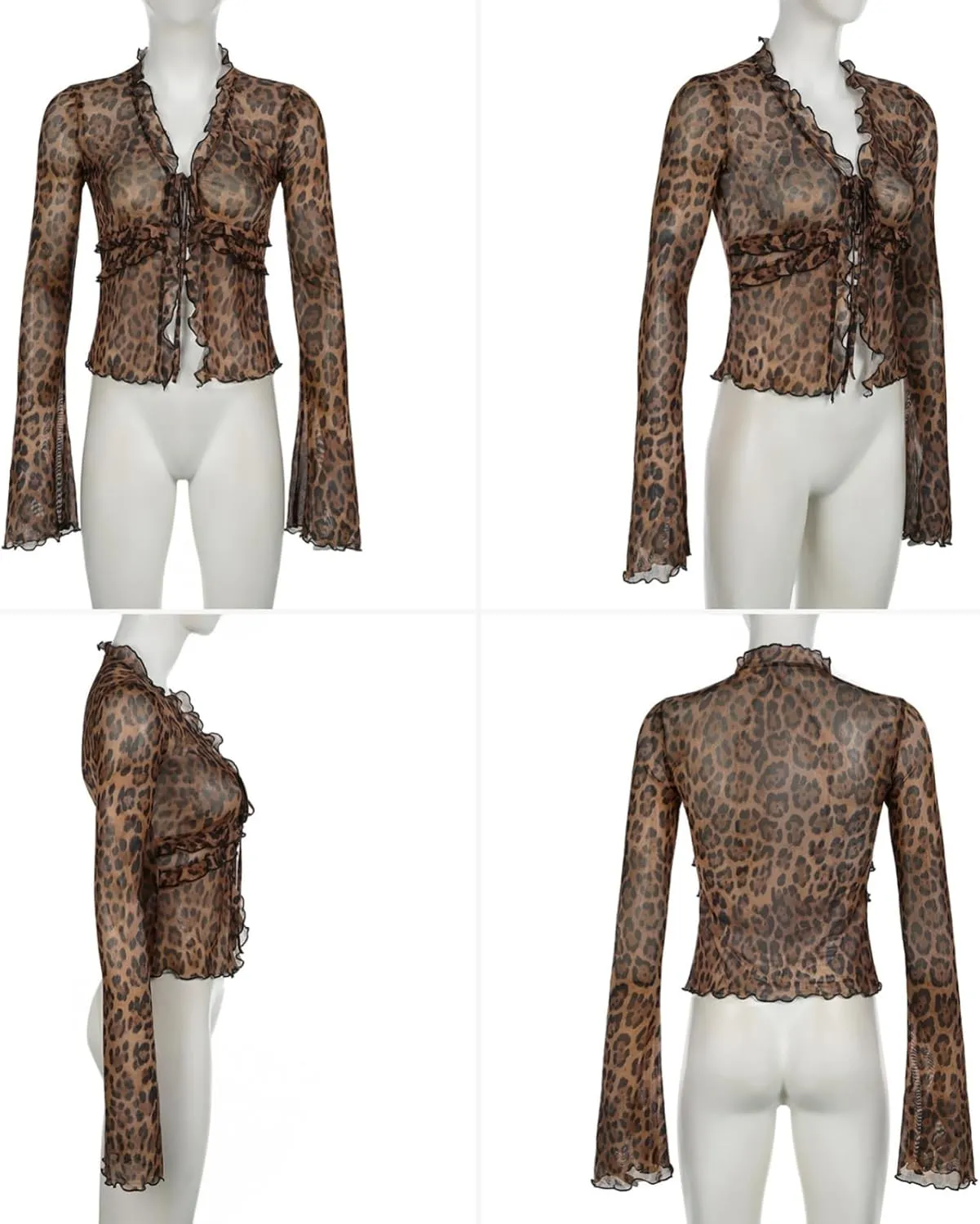 Women's Sheer Mesh Leopard Print Crop Top T Shirt Sexy Lace Deep V Neck Blouse Long Flare Sleeve Slim Tee Shirt