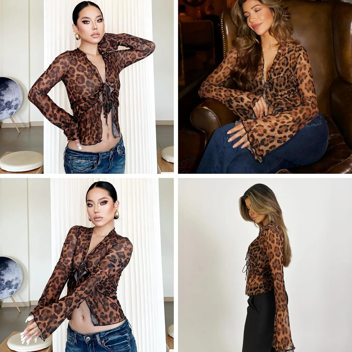 Women's Sheer Mesh Leopard Print Crop Top T Shirt Sexy Lace Deep V Neck Blouse Long Flare Sleeve Slim Tee Shirt