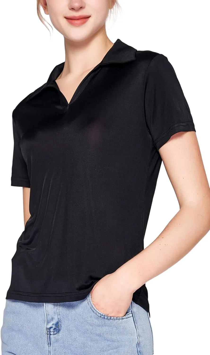 Women's Silk Polo Shirts Collar V Neck Golf Tee Top Short Sleeve Business Casual Tunic Blouses
