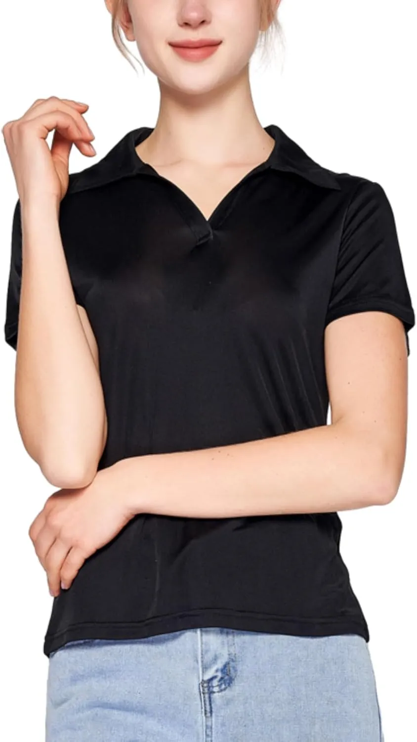 Women's Silk Polo Shirts Collar V Neck Golf Tee Top Short Sleeve Business Casual Tunic Blouses