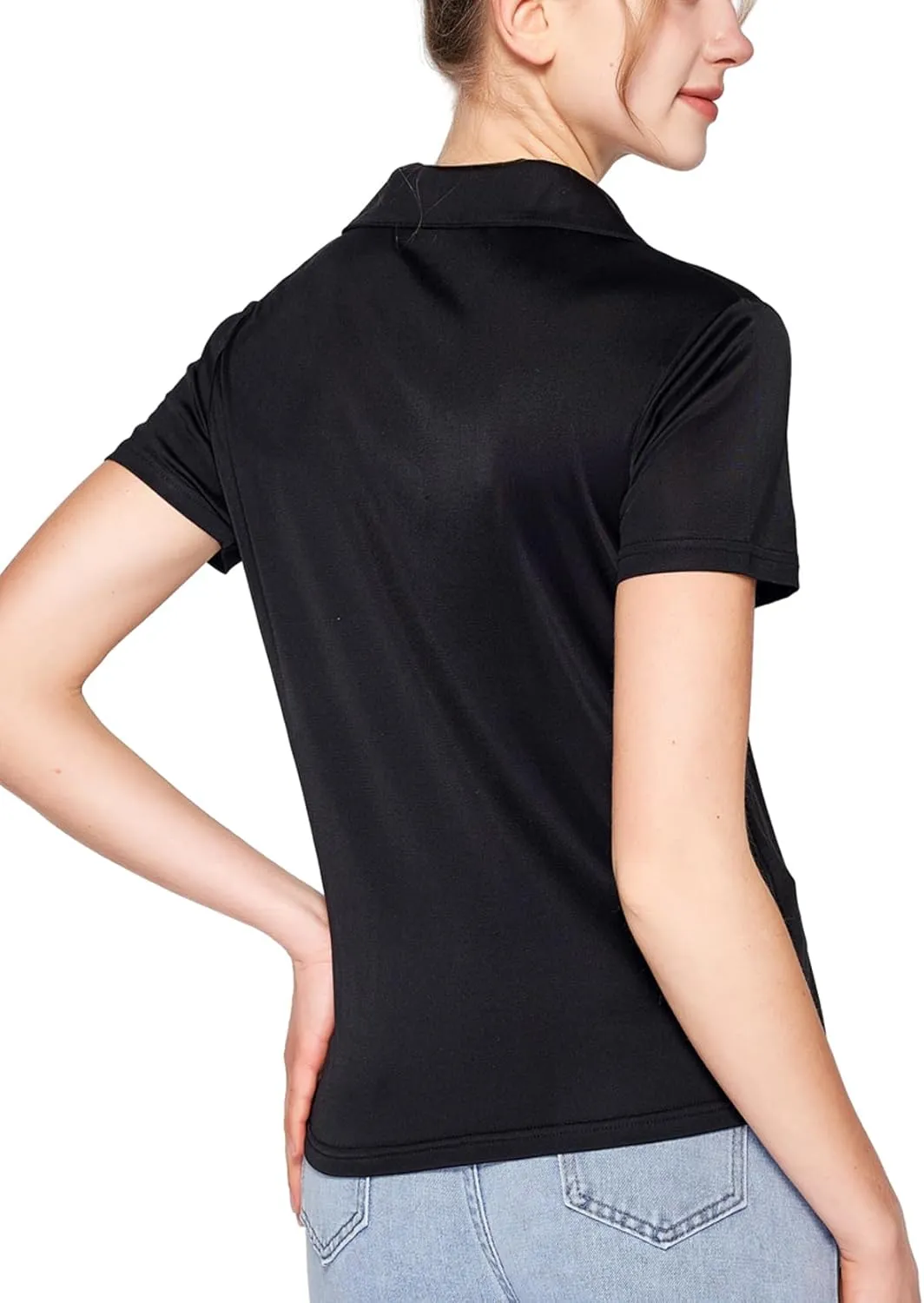 Women's Silk Polo Shirts Collar V Neck Golf Tee Top Short Sleeve Business Casual Tunic Blouses