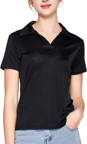 Women's Silk Polo Shirts Collar V Neck Golf Tee Top Short Sleeve Business Casual Tunic Blouses