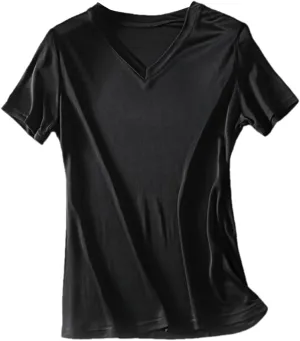 Womens Silk T Shirt Short Sleeve V-Neck Top Undershirt Breathable Mulberry Silk Tee Basic Tops