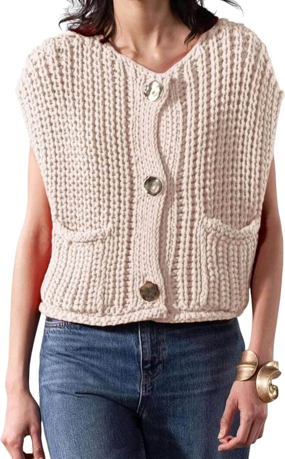 Women's Sleeveless Knit Cardigan Casual Button Down Cropped Knitted Sweater Vest with Pockets