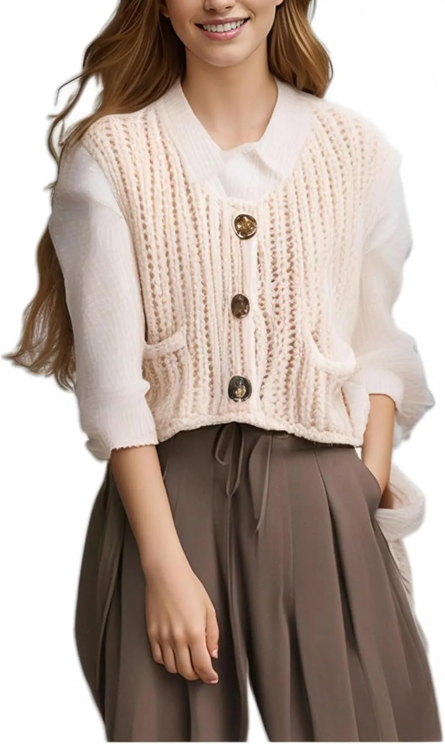 Women's Sleeveless Knit Cardigan Casual Button Down Cropped Knitted Sweater Vest with Pockets
