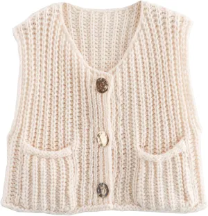 Women's Sleeveless Knit Cardigan Casual Button Down Cropped Knitted Sweater Vest with Pockets