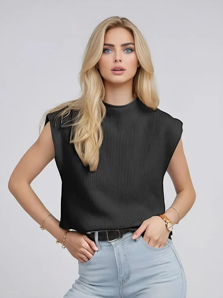 Womens Sleeveless Sweater Vest Mock Neck Tank Tops Casual Cap Sleeve Knit Pullover Summer Clothes