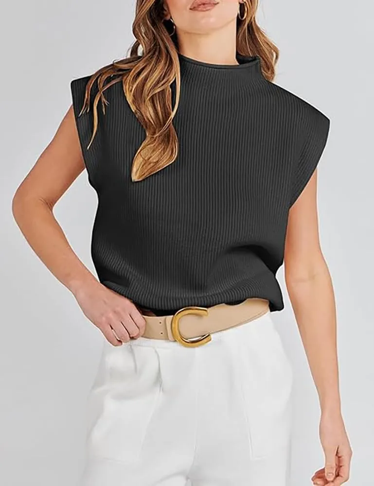 Womens Sleeveless Sweater Vest Mock Neck Tank Tops Casual Cap Sleeve Knit Pullover Summer Clothes