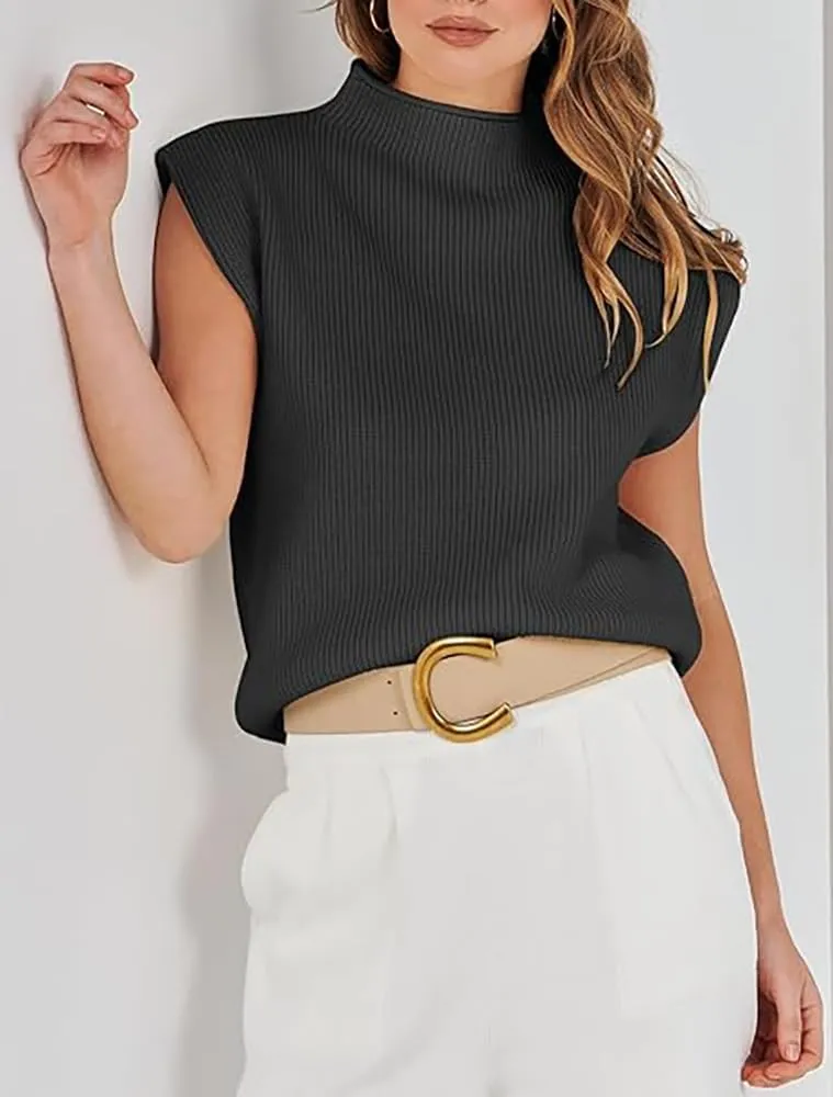 Womens Sleeveless Sweater Vest Mock Neck Tank Tops Casual Cap Sleeve Knit Pullover Summer Clothes