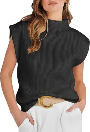 Womens Sleeveless Sweater Vest Mock Neck Tank Tops Casual Cap Sleeve Knit Pullover Summer Clothes