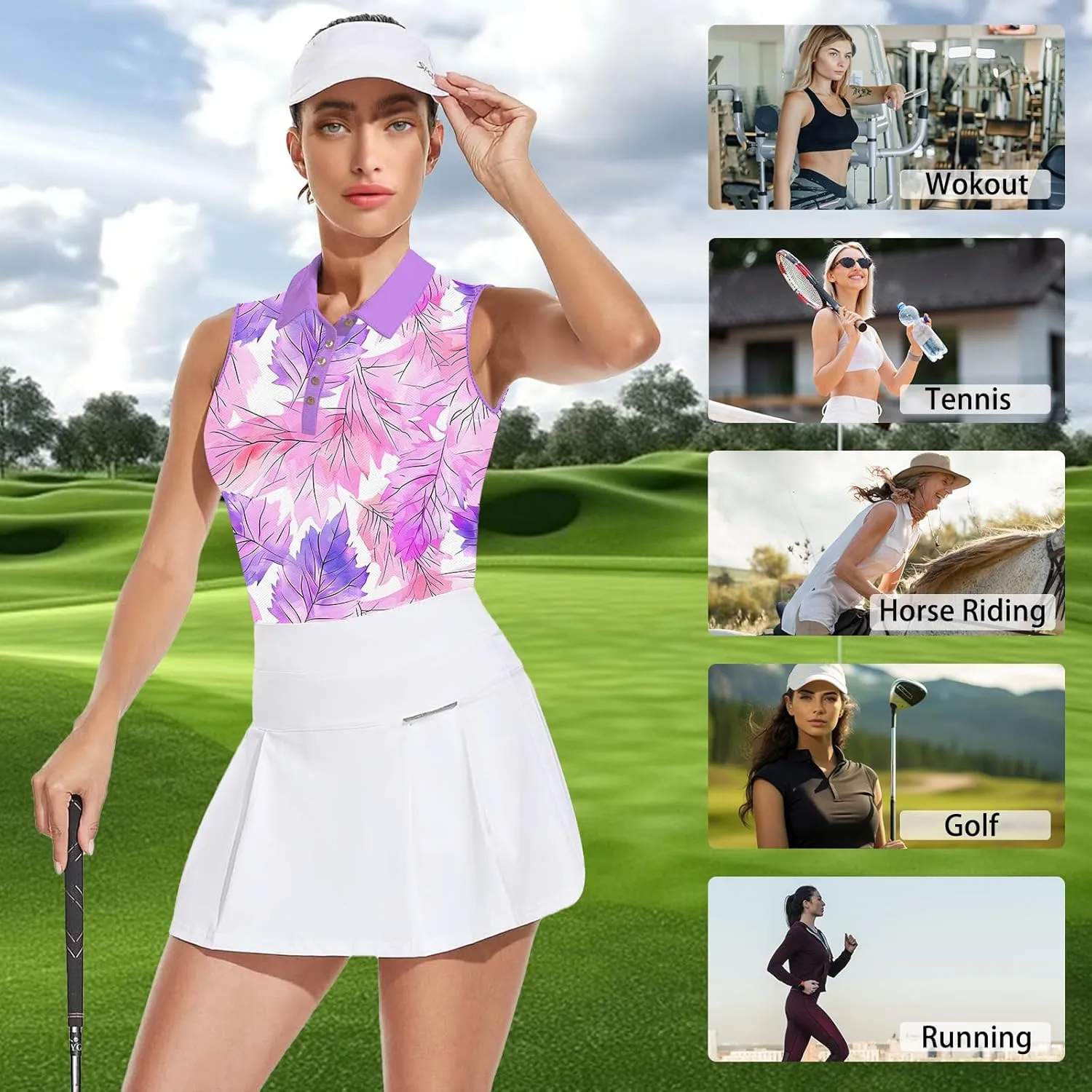 Women's Slim Fit Sleeveless Golf Polo Shirts Hawaiian Floral Moisture Wicking Tennis Tank Top with UPF 50  Protection