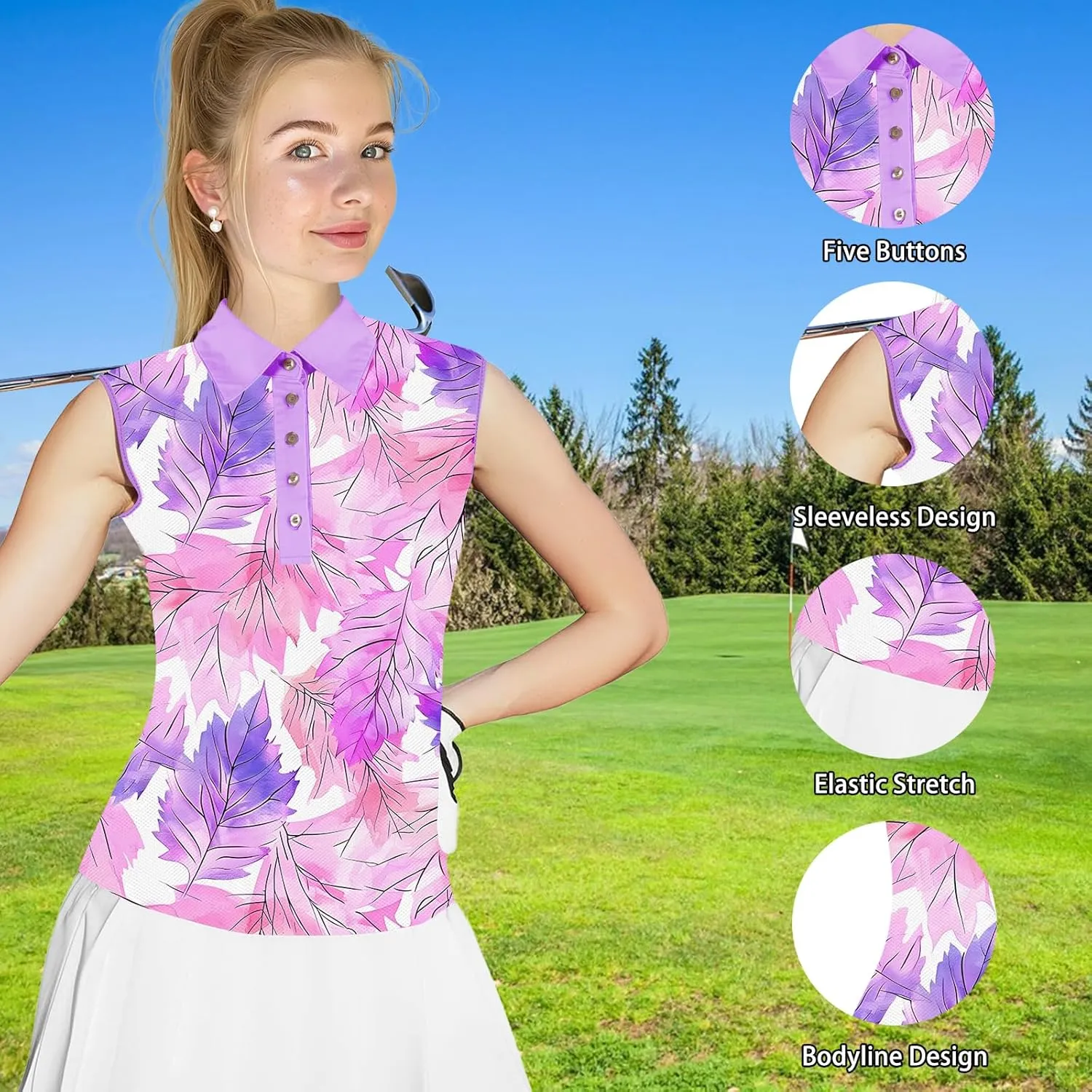 Women's Slim Fit Sleeveless Golf Polo Shirts Hawaiian Floral Moisture Wicking Tennis Tank Top with UPF 50  Protection