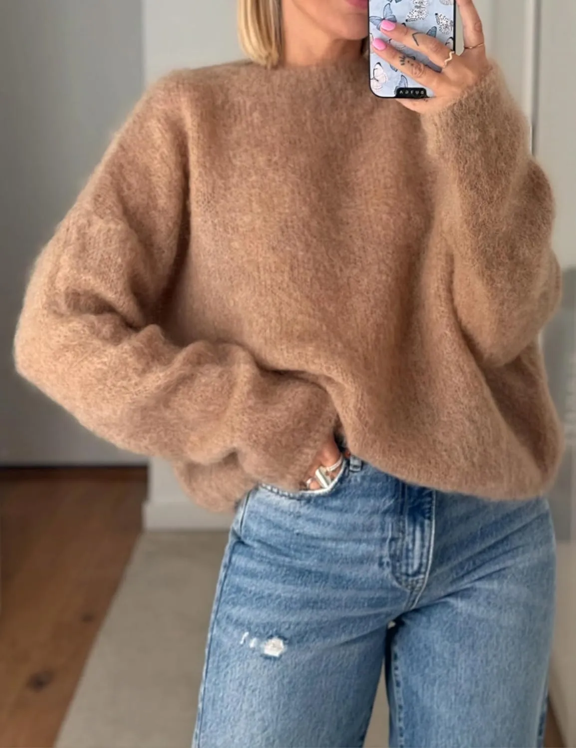 Womens Soft Fuzzy Knit Sweater Oversized Cozy Pullover Jumper Long Sleeve Casual Crewneck Sweater
